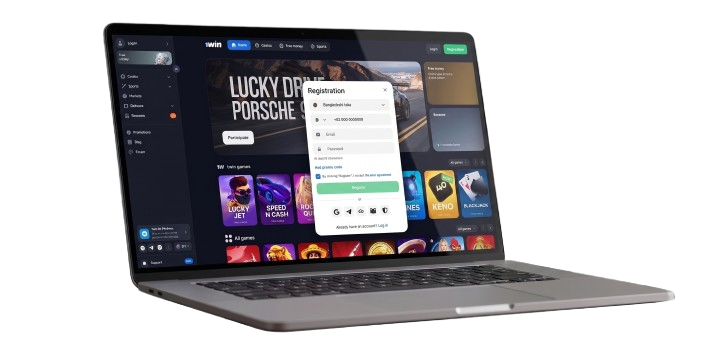 Laptop displaying 1win official website registration form