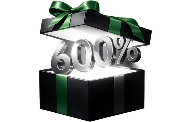 1win sign up bonus 600% in open black gift box